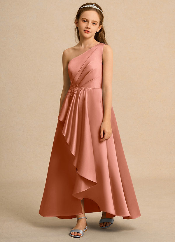 Azazie Taffy Junior Formal Bloemenmeisjes Jurken A-Lijn Jurk van Mat Satijn Kant Meer Gesneden image1