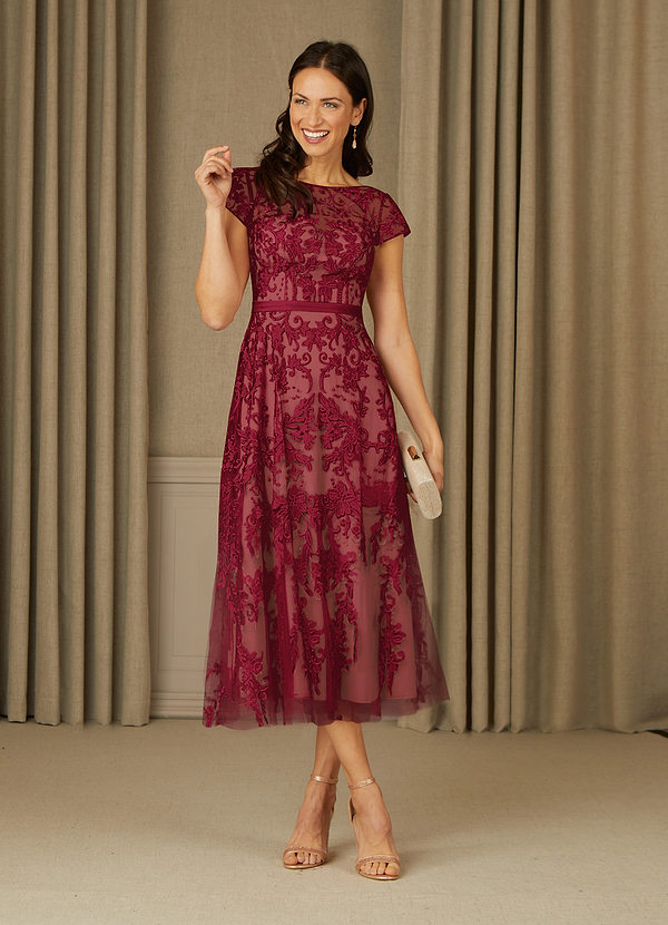 Azazie Sanna Mother of the Bride Dresses Burgundy Champagne A-Line Scoop Lace Tulle Dress image1