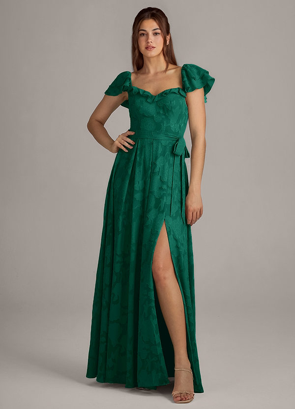 Azazie Aricella Bridesmaid Dresses Emerald A-Line Corset Floral Burnout Dress image1
