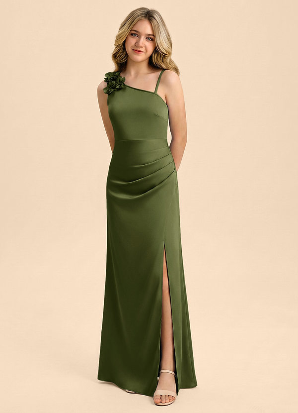 Azazie Remi Junior Olive Sheath Side Slit Stretch Satin Dress image1