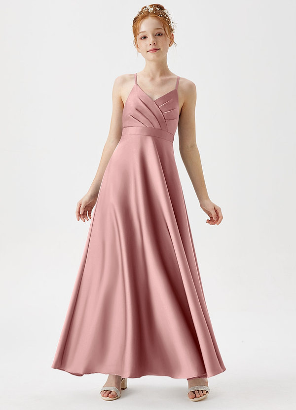 Azazie Avelina Junior Dusty Rose A-Line Pleated Stretch Satin Dress image1