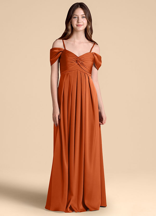 Azazie Kaitlynn Junior Abito A-Line in Raso Elasticizzato a Spalla Scoperta Arancia Bruciata image1