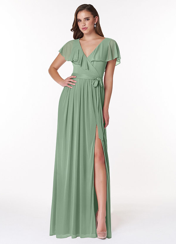 Azazie Jael Bridesmaid Dresses Matcha A-Line V-Neck Mesh Dress image1