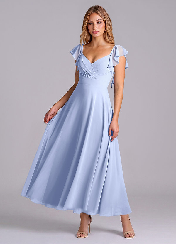 Azazie Leilani 신부 들러리 드레스 A라인 셔링 쉬폰 발목 길이 드레스 image1