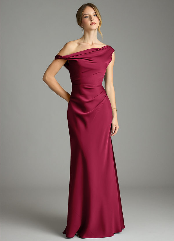 Azazie Emerson Bridesmaid Dresses Burgundy Mermaid Off the Shoulder Stretch Satin Dress image1