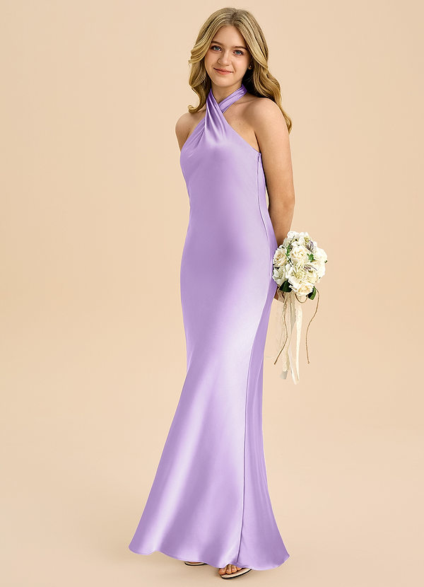 Azazie Chickie Junior Lilac Sheath Pleated Stretch Satin Dress image1