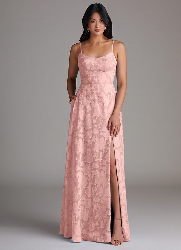 Azazie Moira Bridesmaid Dresses Powder Pink A-Line Side Slit Floral Burnout Dress image1