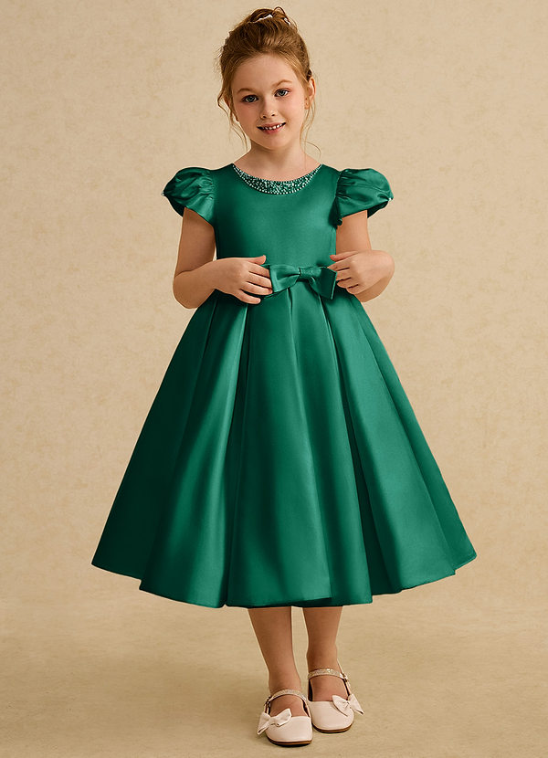Azazie Pearl Flower Girl Dresses Emerald Ball-Gown Pleated Matte Satin Dress image1
