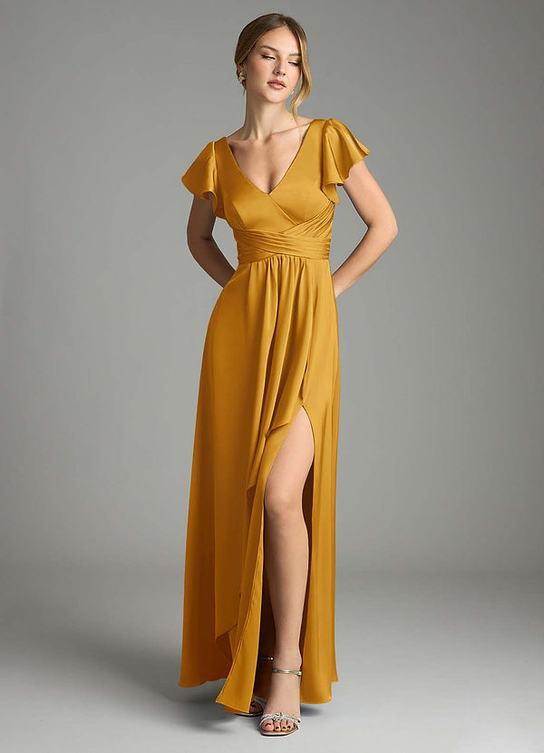 Azazie Omari Bruidsmeisjes Jurken Jurk van Stretch Satijn met A-Lijn Boterbabbelaar image1