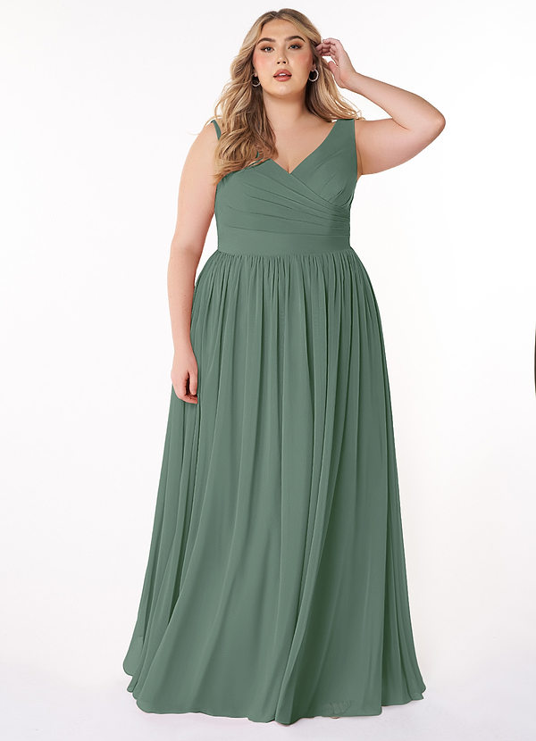 Azazie Keyla Bridesmaid Dresses Eucalyptus A-Line V-Neck Pleated Chiffon Dress image1