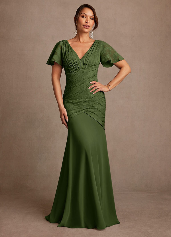 Azazie Jolene Mother of the Brides Dresses Olive Mermaid Pleated Floral Burnout Dress image1