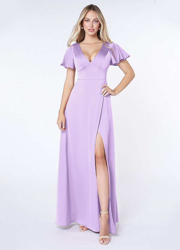 Azazie Lani Bridesmaid Dresses Lilac A-Line Flounce Sleeve Stretch Satin Dress image1
