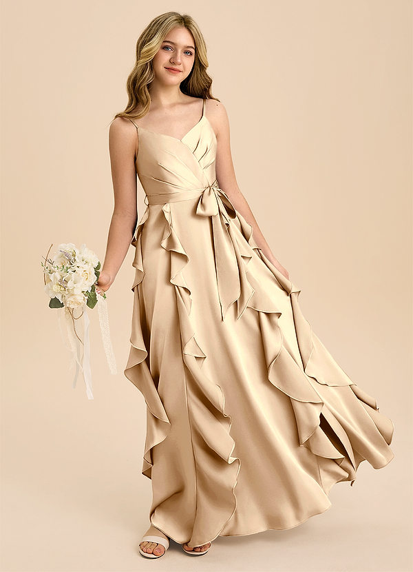 Azazie Peyton Junior Robe Trapèze en Satin extensible Plissée Champagne image1