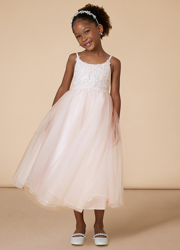 Azazie Buttercup Flower Girl Dresses Ivory Rose Petal A-Line Lace Tulle Dress image1