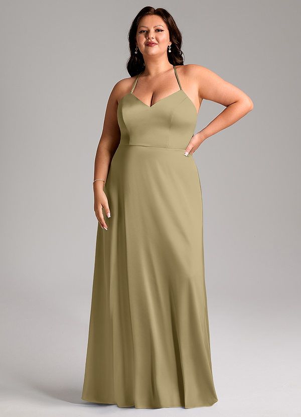 Azazie Mei Abiti da Damigella Abito A-Line in Raso Elasticizzato con Scollo a V Verde Muschio image1