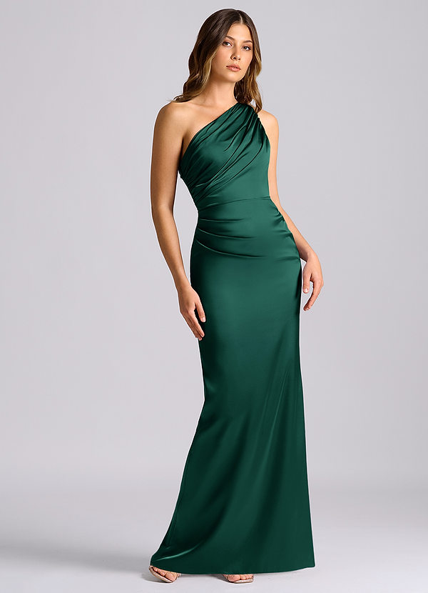 Azazie Akilah Bridesmaid Dresses Emerald Mermaid One Shoulder Stretch Satin Dress image1
