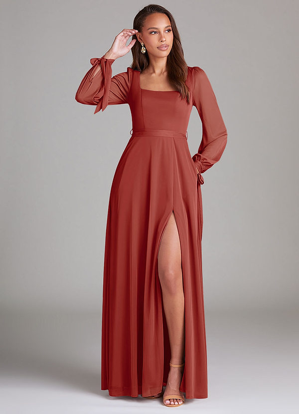 Azazie Leonia Robes Demoiselle d'honneur Robe Trapèze en Maille Manche longue Terracotta image1