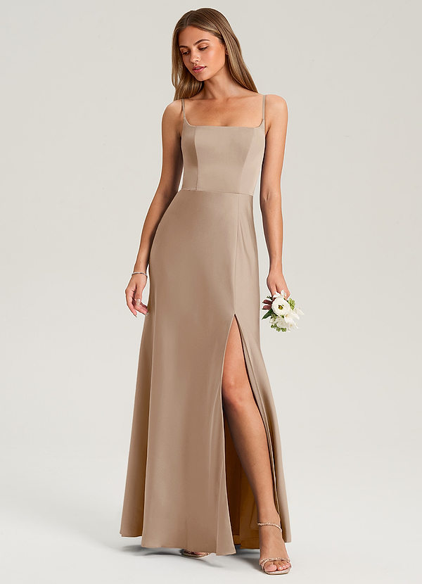 Azazie Lidia Bridesmaid Dresses Taupe Mermaid Side Slit Stretch Satin Dress image1