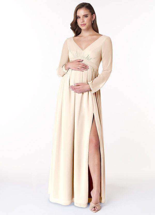 Azazie Teton Maternity Bridesmaid Dresses A-Line Long Sleeve Chiffon Floor-Length Dress image1