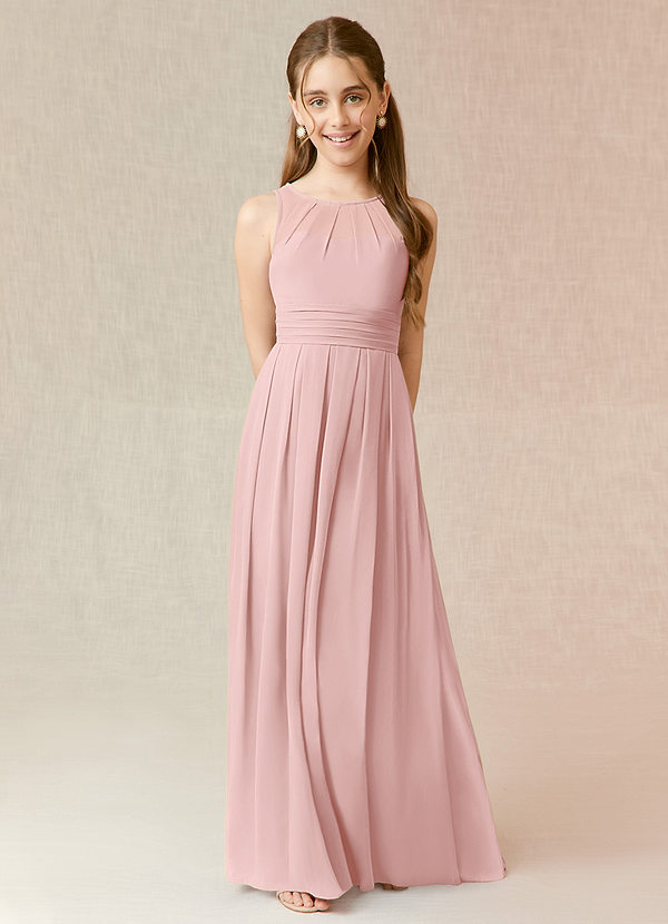 Azazie Bibiane Junior Powder Pink A-Line Pleated Chiffon Dress image1