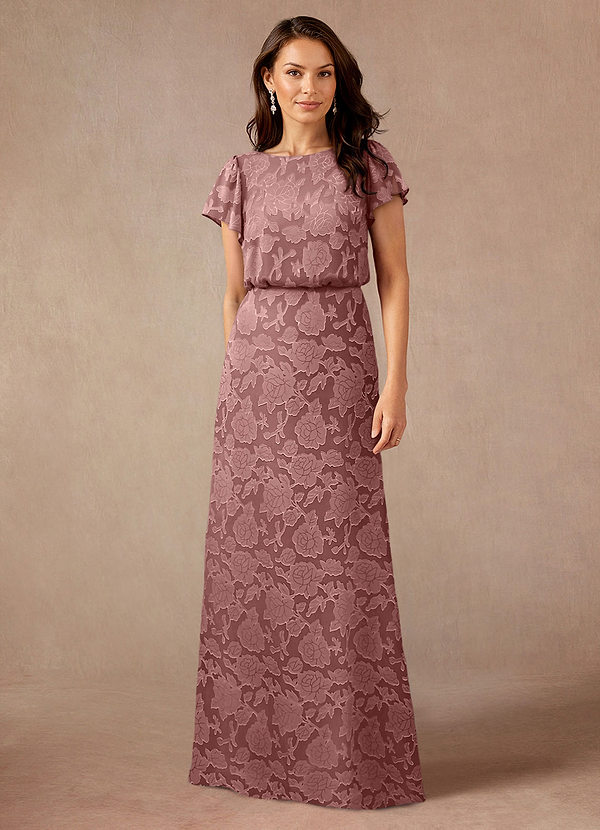 Azazie Lehi Mother of the Brides Dresses Dusty Rose A-Line Boatneck Floral Burnout Dress image1
