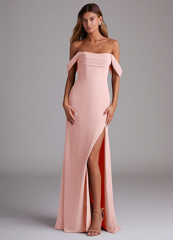 Azazie Saige Bridesmaid Dresses Powder Pink A-Line Off the Shoulder Chiffon Convertible Dress image1