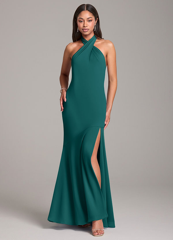 Azazie Lorena Bridesmaid Dresses Peacock Mermaid Pleated Chiffon Dress image1