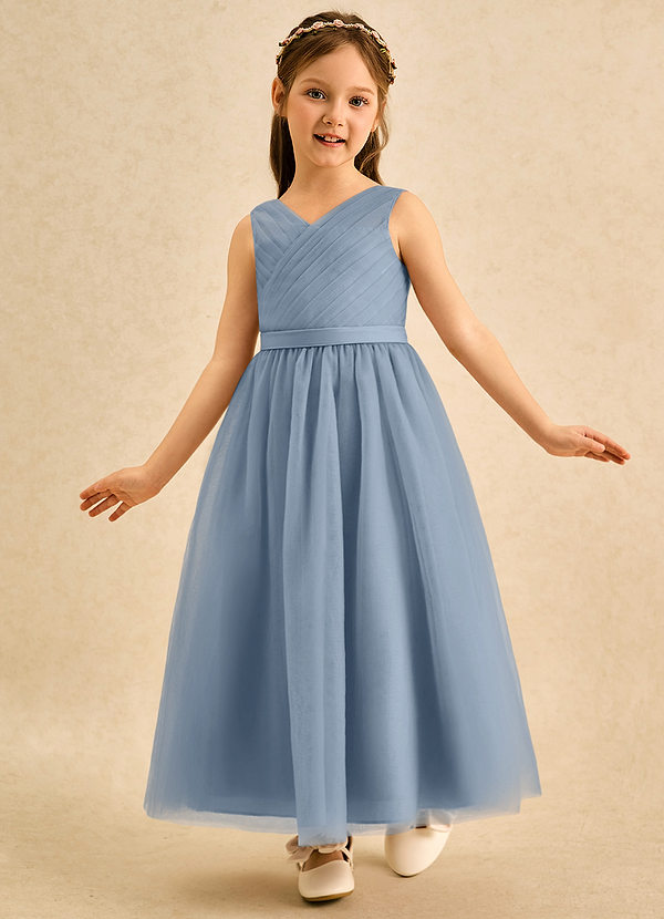 Azazie Lilium Blumenkinder Kleider A-Linie Plissee Tüll Kleid Staubblau image1