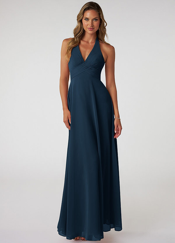 Tessie Bridesmaid Dresses Dark Navy A-Line V-Neck Pleated Chiffon Dress image1