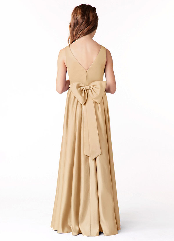 Azazie Hathaway Junior Gold A-Line Bow Stretch Satin Dress image1