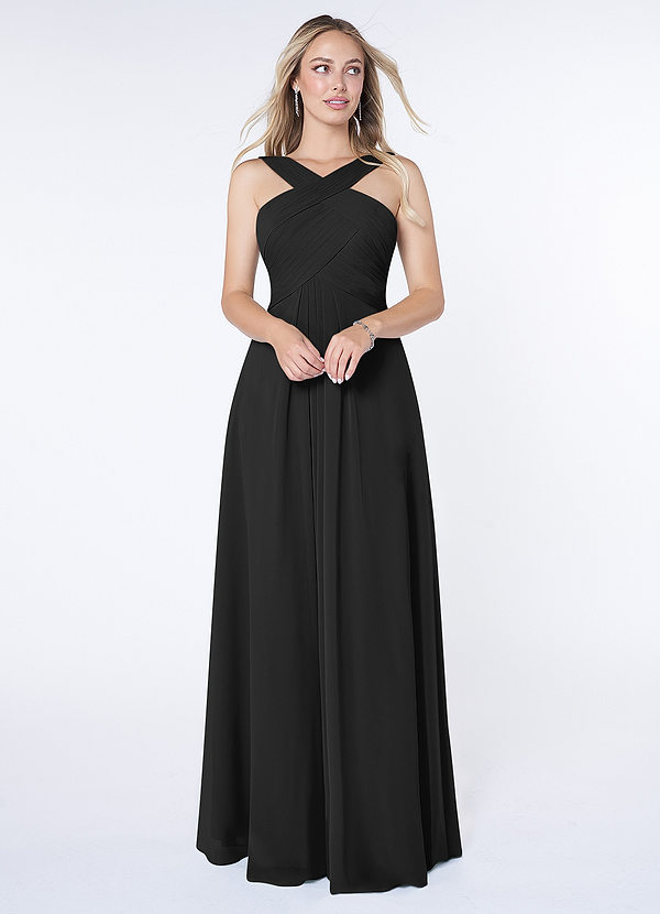 Azazie Kaleigh Bridesmaid Dresses Black A-Line Pleated Chiffon Dress image1