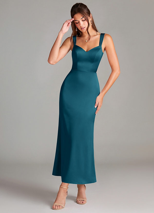 Azazie Denice 신부 들러리 드레스 쉬스 주름진 스트레치 새틴 발목 길이 드레스 image1