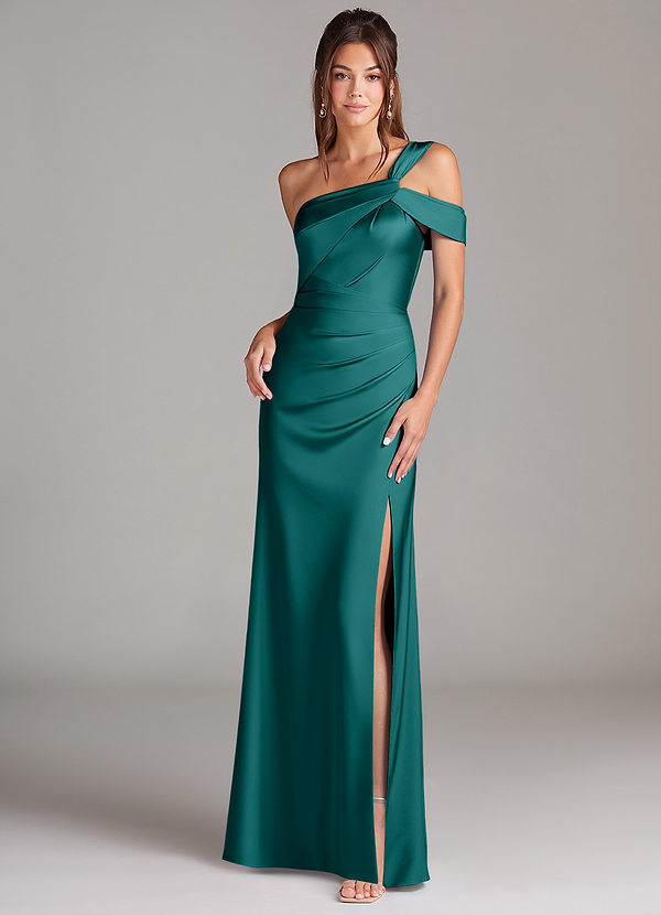 Azazie Wynter Bridesmaid Dresses Peacock Sheath Off the Shoulder Stretch Satin Dress image1