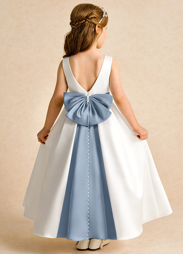 Azazie Cherry Flower Girl Dresses Ivory Dusty Blue Ball-Gown Pleated Matte Satin Dress image1