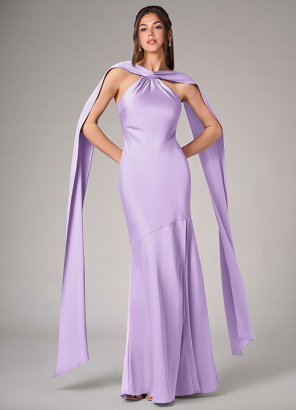 Azazie Kinsley Bridesmaid Dresses Lilac Mermaid Side Slit Stretch Satin Dress image1
