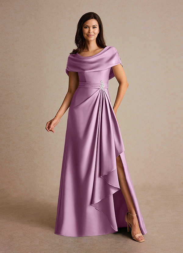 Azazie Branford Vestidos de Madre de la Novia Vestido de Glicinia de Satén Elástico de Corte En A con Plisado image1