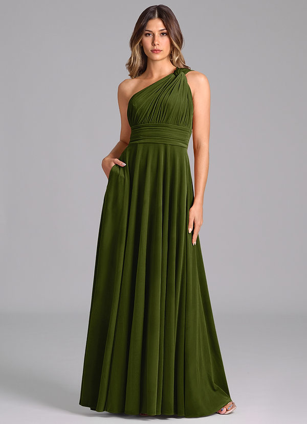 Azazie Charlize Bridesmaid Dresses Olive A-Line One Shoulder Velvet Dress image1