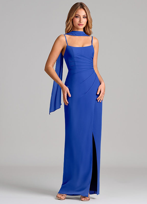 Azazie Calandra Bridesmaid Dresses Royal Blue Sheath Pleated Chiffon Dress image1