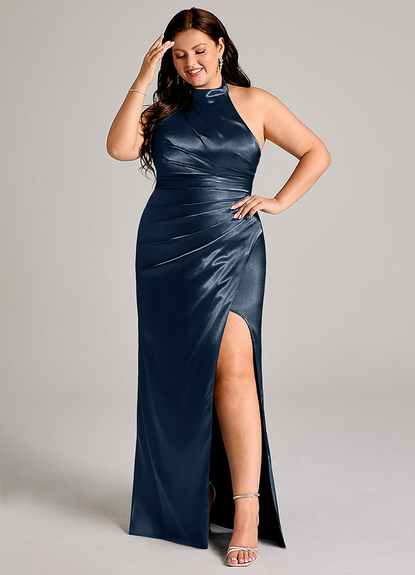 Azazie Jemma Bridesmaid Dresses Dark Navy Sheath Pleated Metallic Satin Dress image1