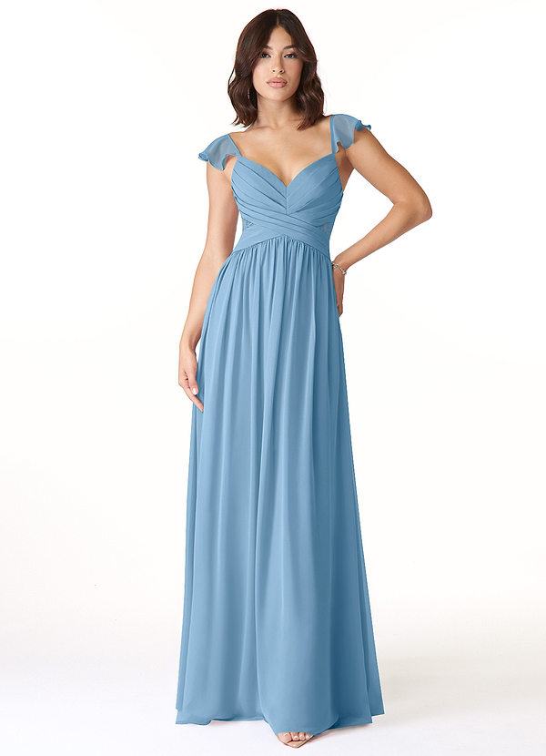 Azazie Lissa Bridesmaid Dresses Steel Blue A-Line Lace Chiffon Dress image1