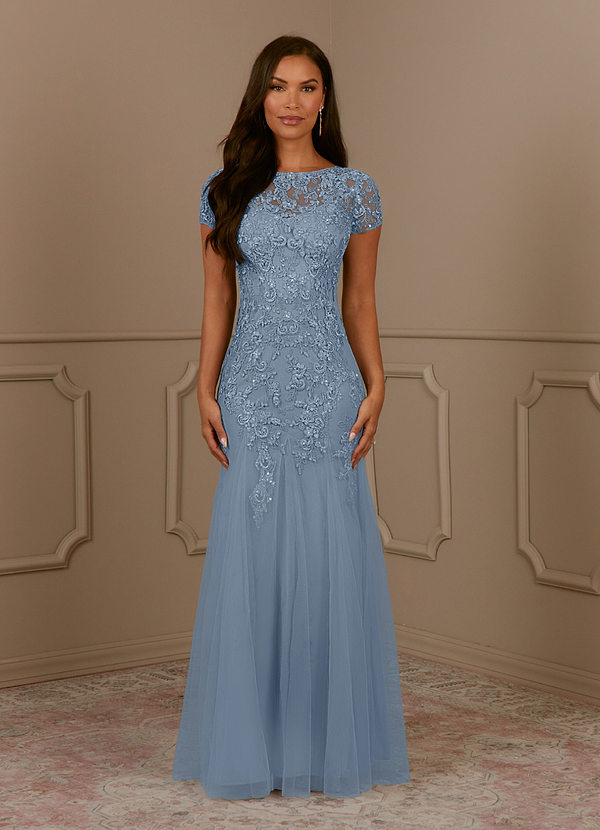Azazie Laurie Mother of the Brides Dresses Dusty Blue Mermaid Scoop Sequins Tulle Dress image1