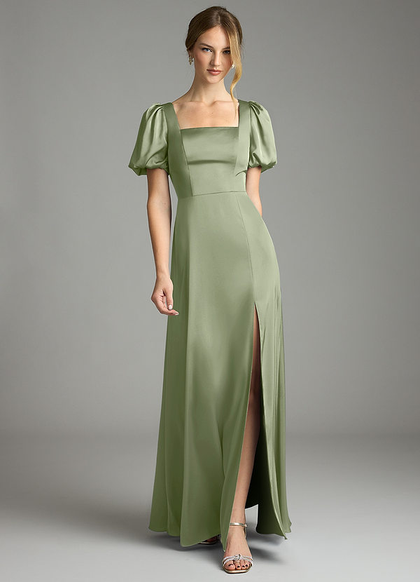 Azazie Fyona Bridesmaid Dresses Pistachio A-Line Pleated Stretch Satin Dress image1