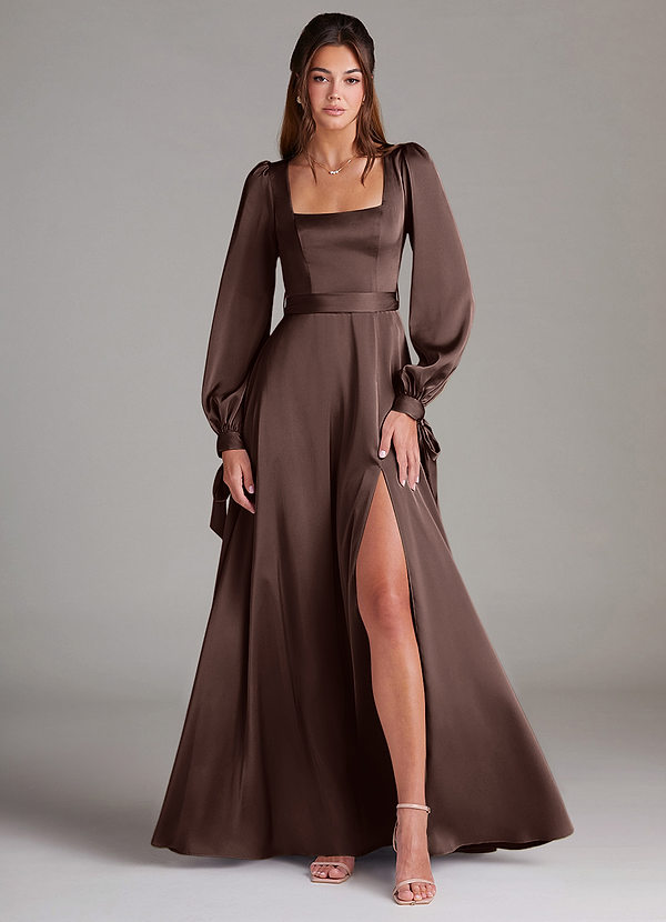 Azazie Leonia Bridesmaid Dresses Ganache A-Line Long Sleeve Stretch Satin Dress image1