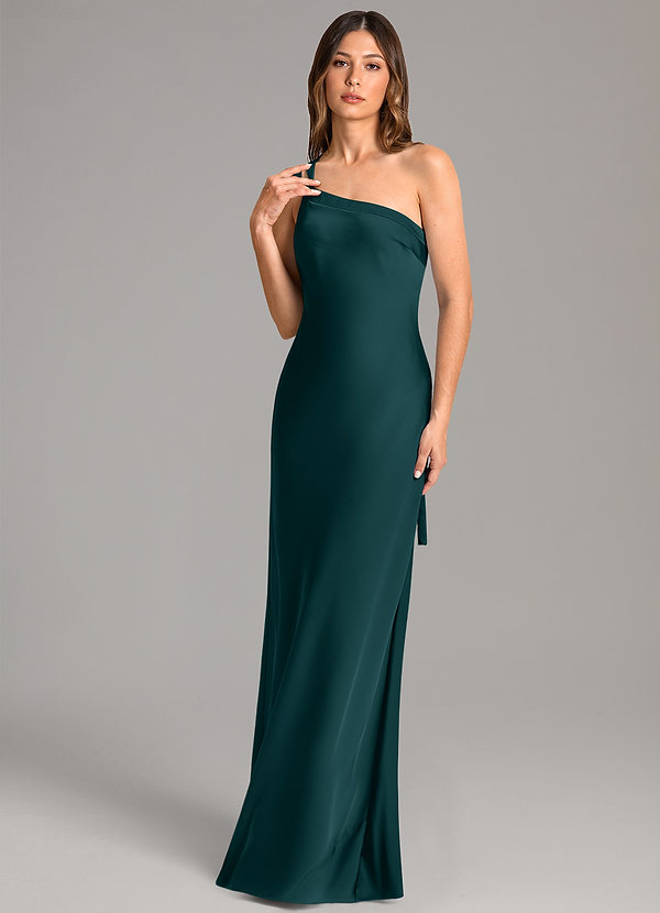 Azazie Monroe Bridesmaid Dresses Pine Mermaid One Shoulder Stretch Satin Dress image1