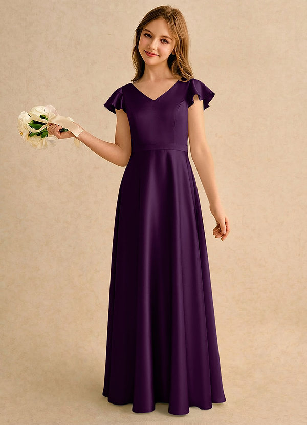 Azazie Nari Girls Formal Sukienki dla dziewczynek sypiących kwiaty Linia A z rękawami Satyna elastyczna Długość podłogi Sukienka image1