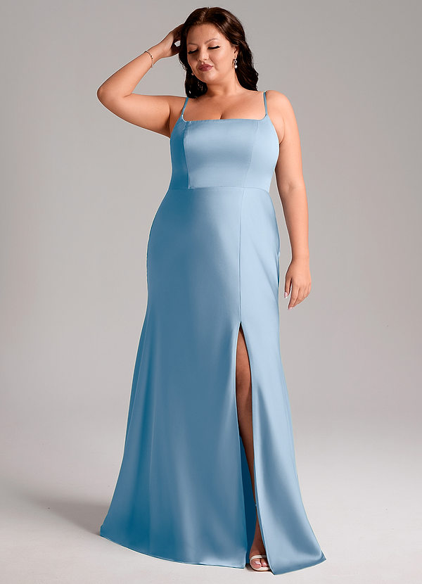Azazie Lidia Bridesmaid Dresses Powder Blue Mermaid Side Slit Stretch Satin Dress image1