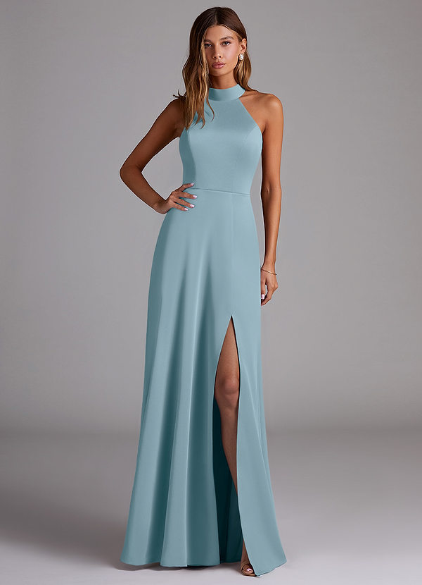 Azazie Myra Robes Demoiselle d'honneur Robe Trapèze en Satin extensible Fente Latérale Bleu Maussade image1