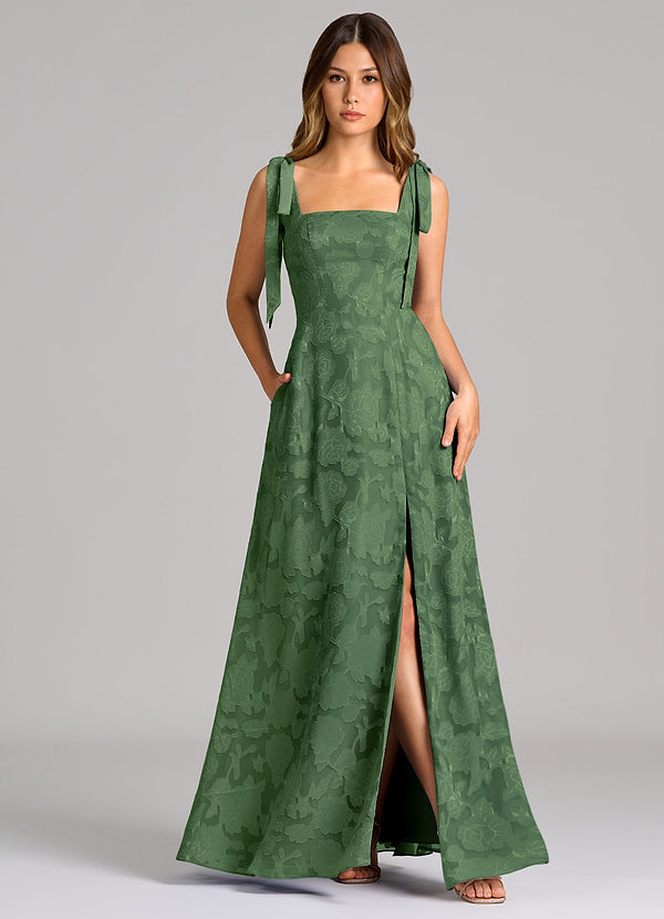 Azazie Debra Bridesmaid Dresses Eucalyptus A-Line with Pockets Floral Burnout Dress image1