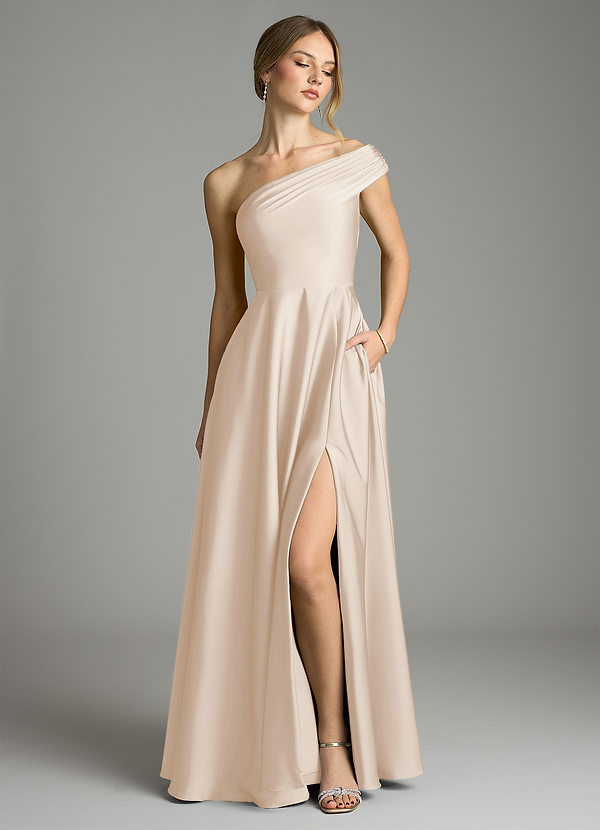 Azazie Melanie 신부 들러리 드레스 A라인 오프 더 숄더 스트레치 새틴 바닥 길이 드레스 image1