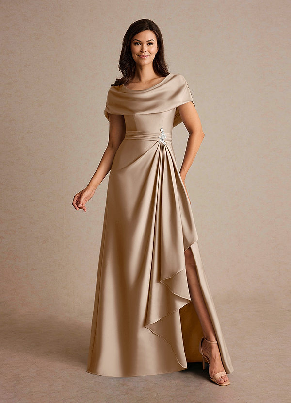 Azazie Branford Mother of the Brides Dresses Taupe A-Line Pleated Stretch Satin Dress image1